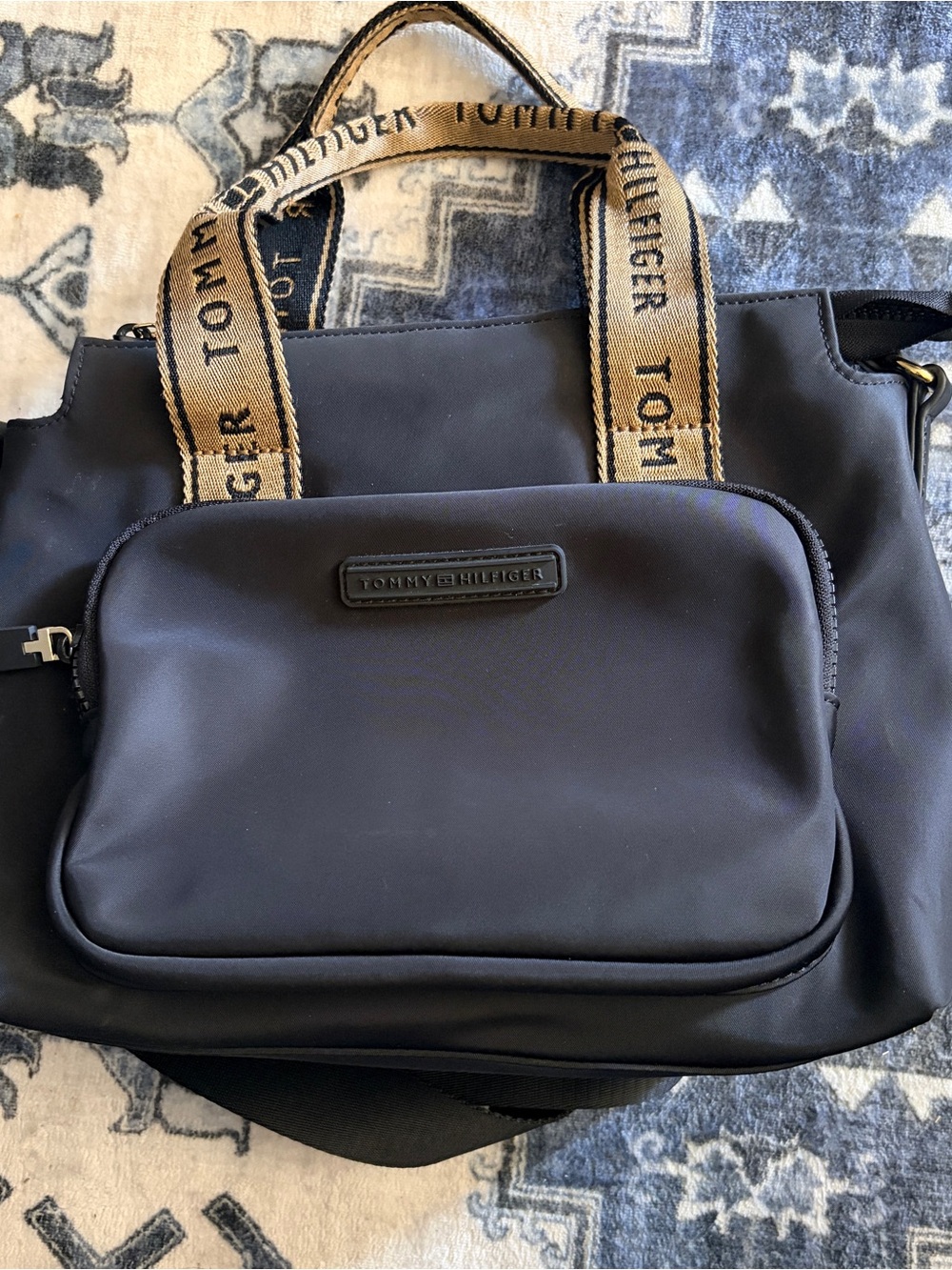 Tommy Hilfiger Black Messenger Tote with Beige Branded Straps